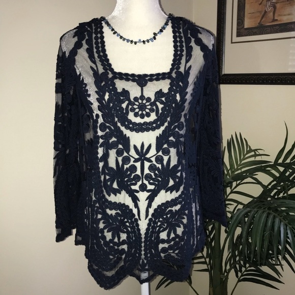 Origami by vivien Tops - Origami By Vivien Long Sleeve Navy Sheer Lace Womens Top S